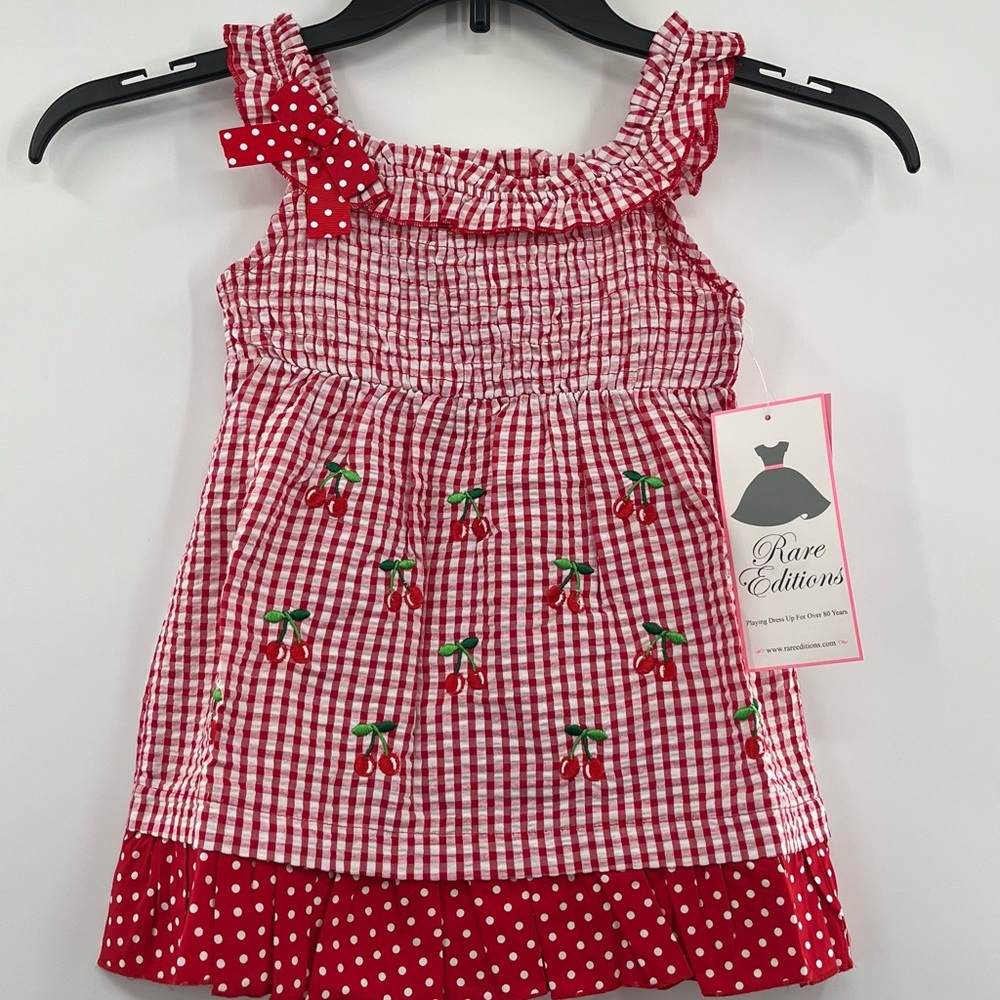 RARE EDITIONS Seersucker Dress Girls Size 3T Cherry NEW